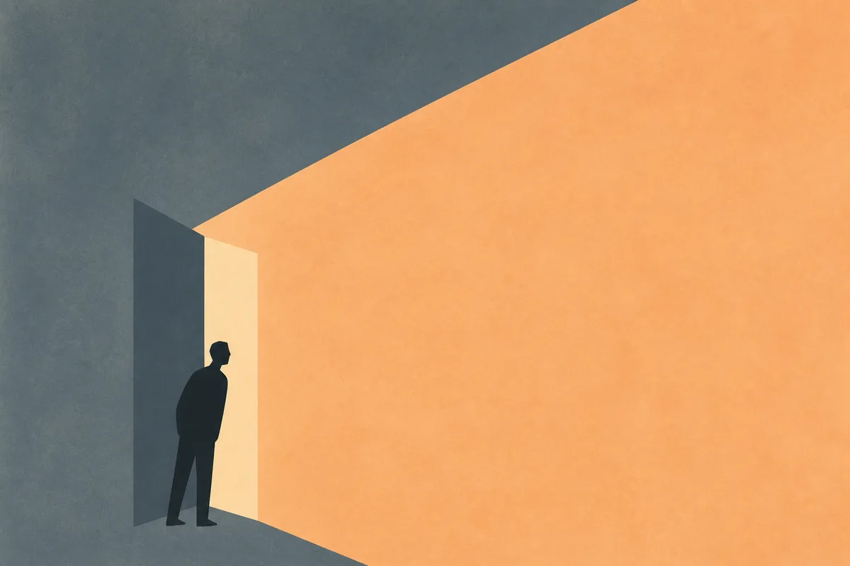 A person at a half-open door with morning outside, rendered as Conceptual Colorfield.