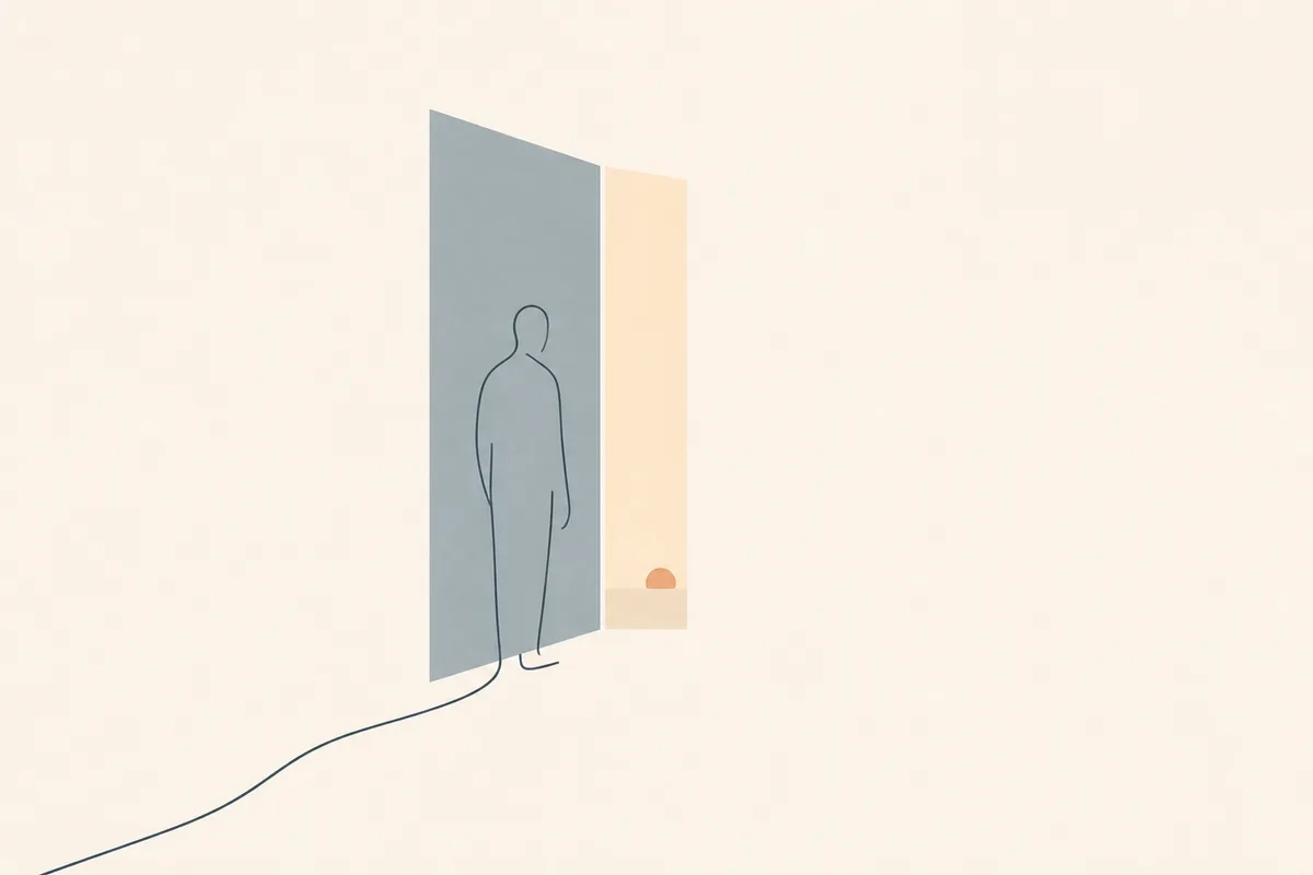 A person at a half-open door with morning outside, rendered as Extreme Minimal Abstraction.