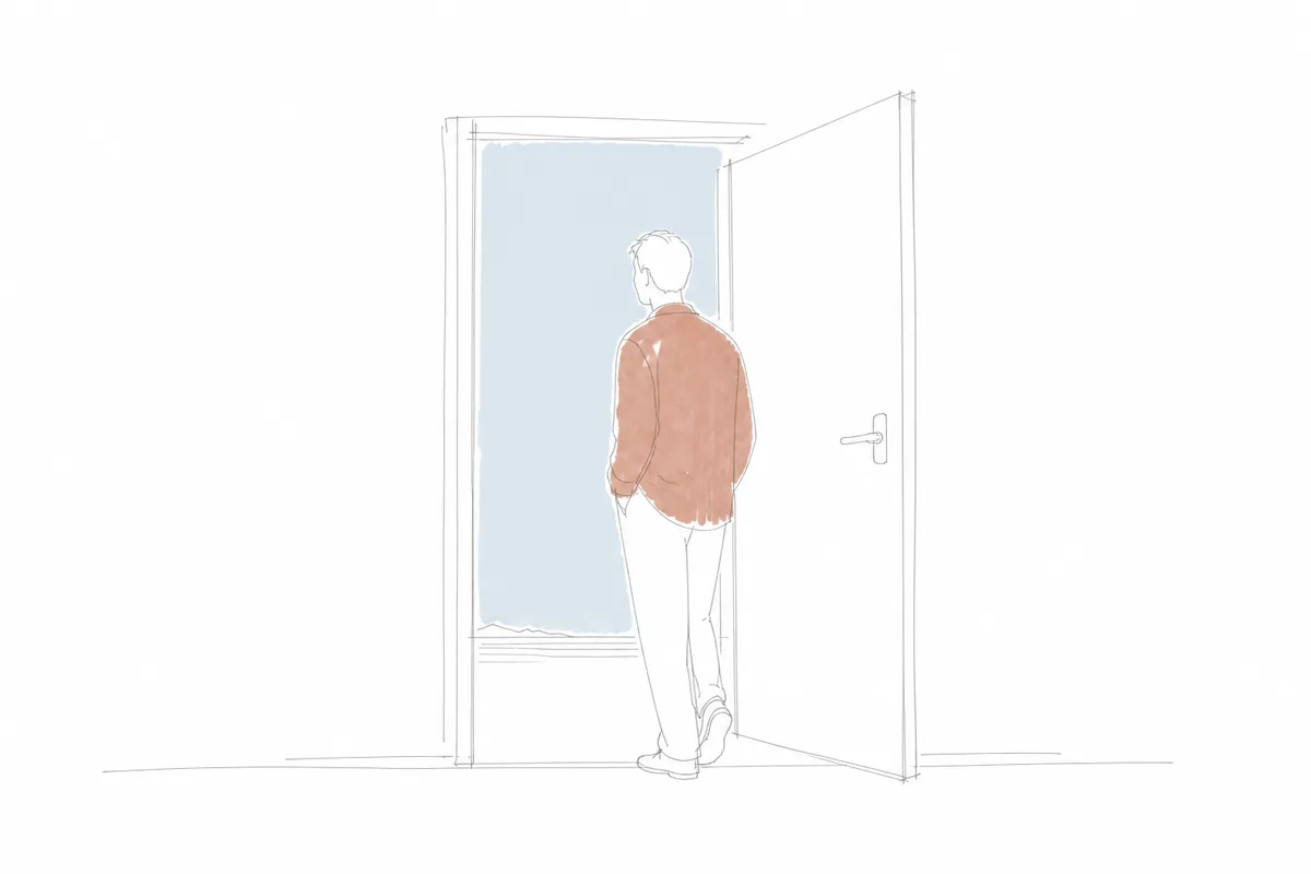 A person at a half-open door with morning outside, rendered as Freehand Doodle.
