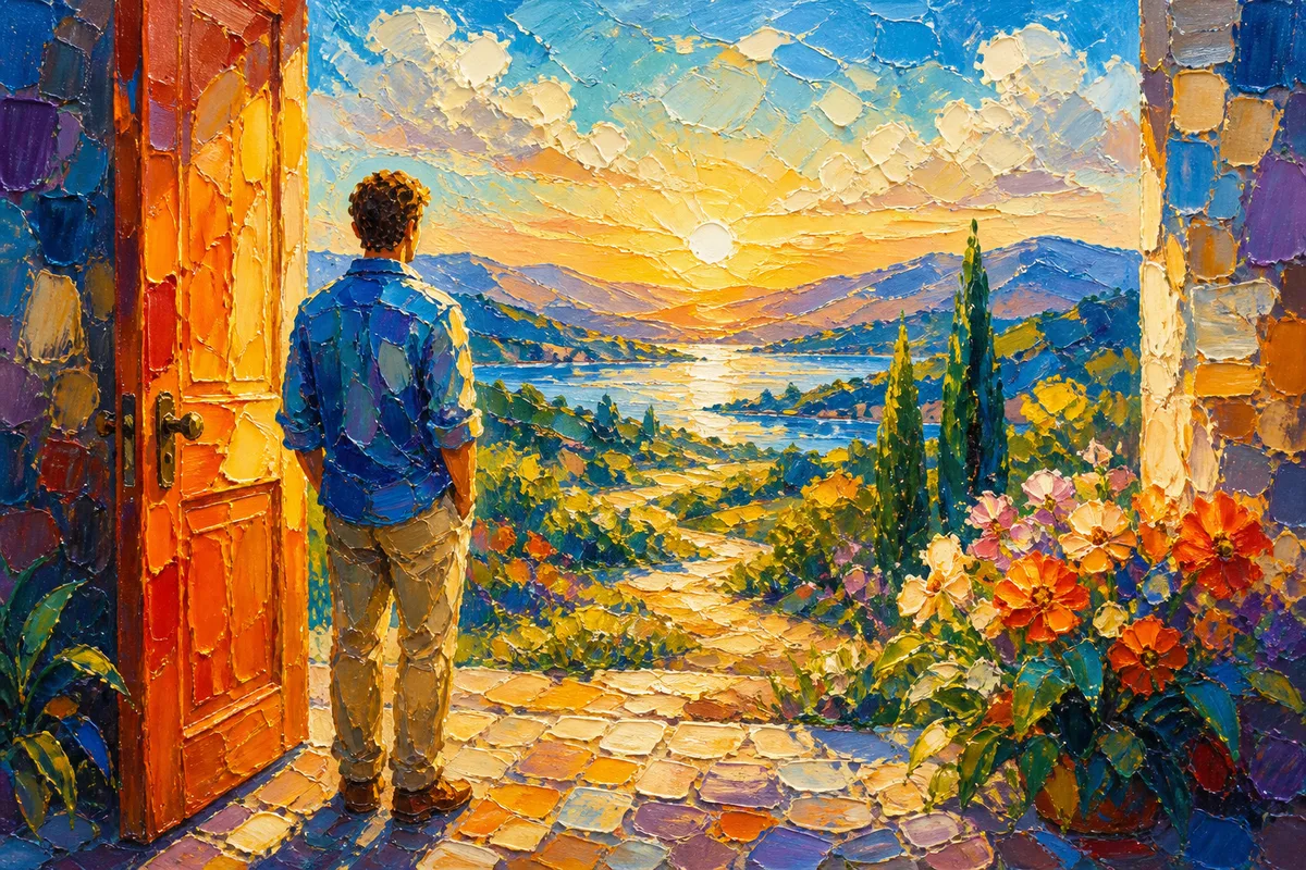 A person at a half-open door with morning outside, rendered as Luminous Impasto.