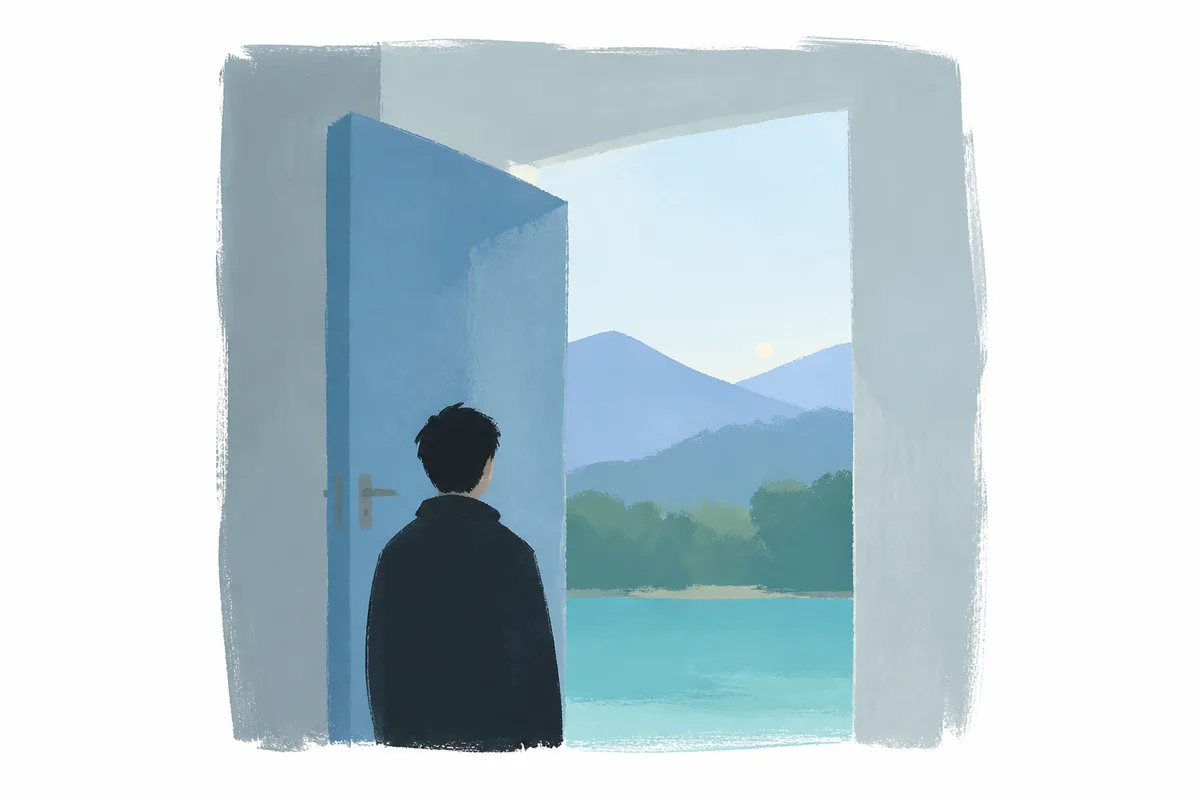 A person at a half-open door with morning outside, rendered as Memory Color Blocks.