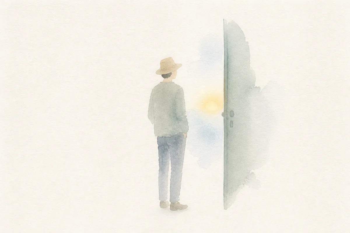 A person at a half-open door with morning outside, rendered as Minimal Watercolor.