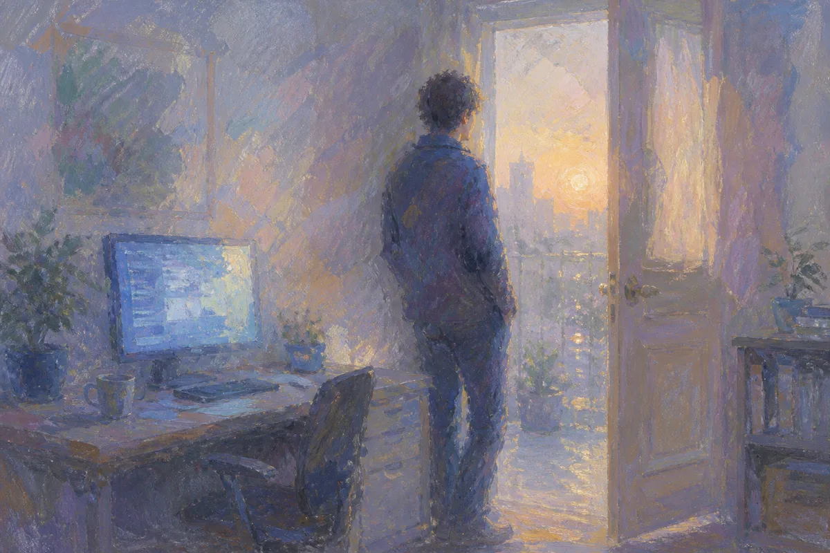 A person at a half-open door with morning outside, rendered as Monet Editorial Impressionism.