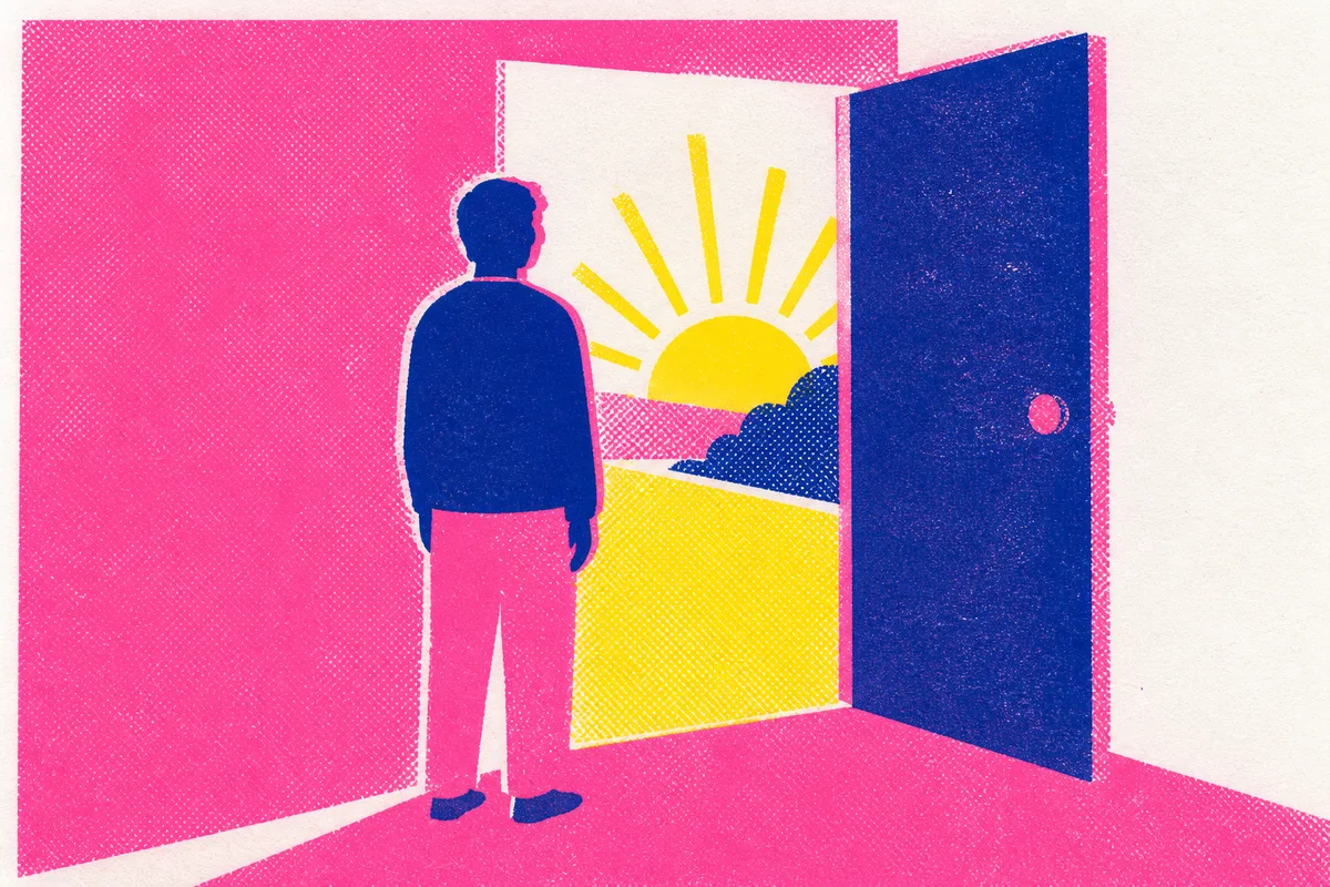 A person at a half-open door with morning outside, rendered as Risograph Editorial.