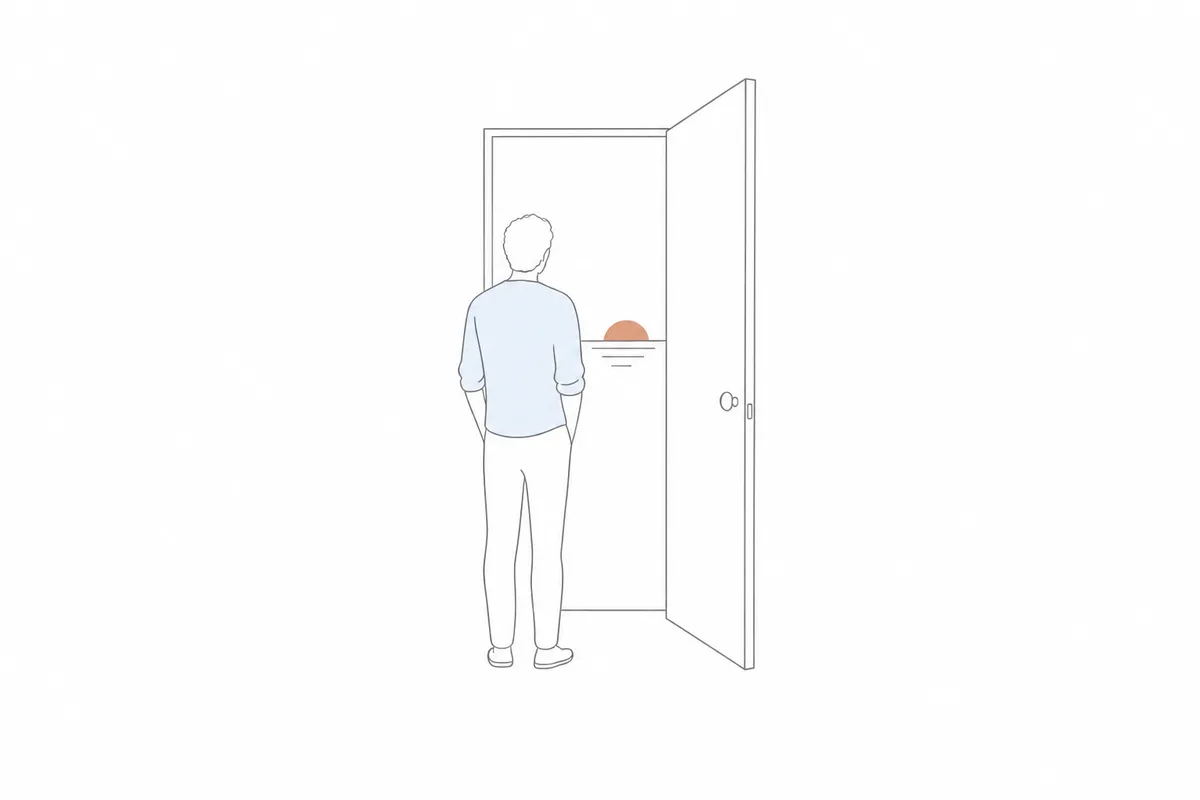 A person at a half-open door with morning outside, rendered as Single-line Sketch.