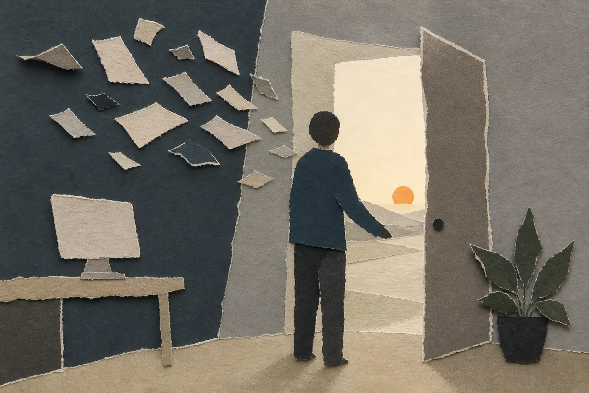 A person at a half-open door with morning outside, rendered as Torn-paper Editorial Collage.